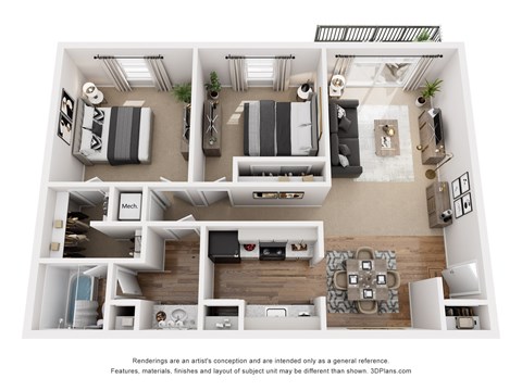 Floor plan for 2 beds, 1 bath, 950 sqft
